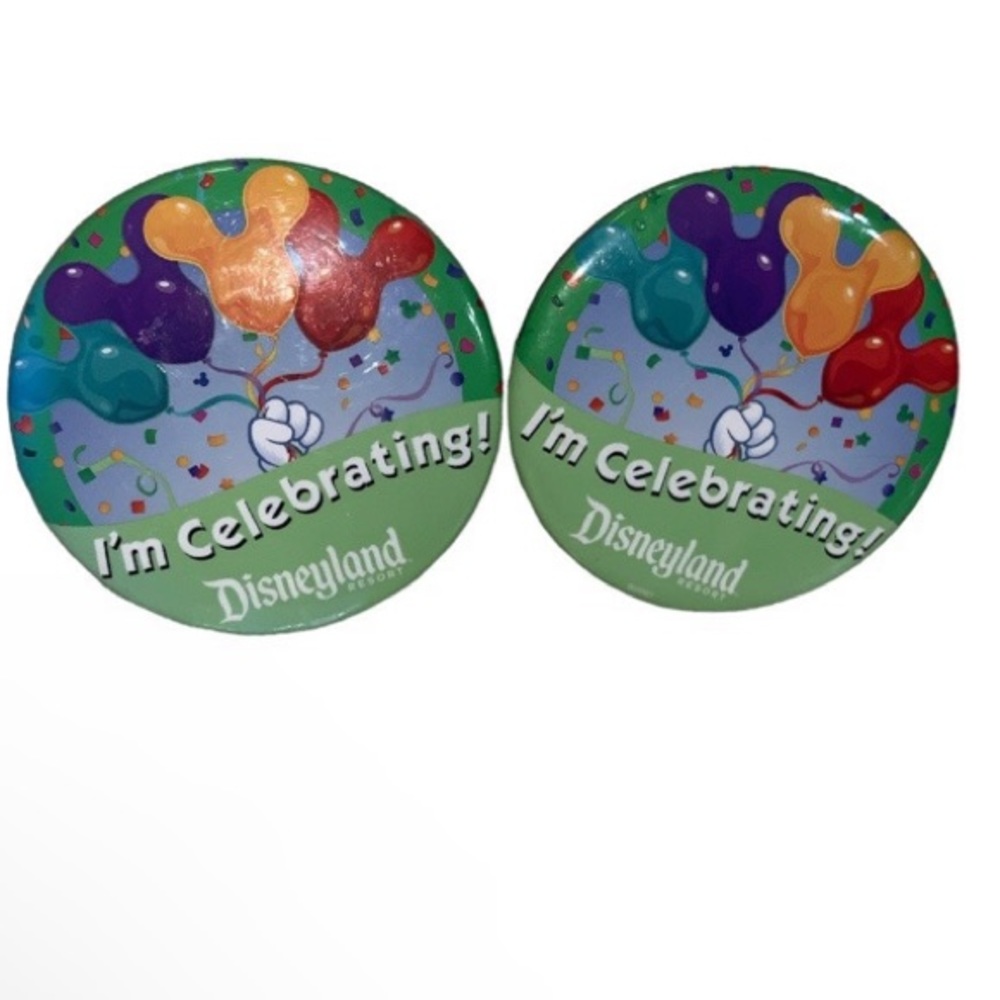 Two Disneyland Resort button pins I'm Celebrating 3" round with Mickey balloons
